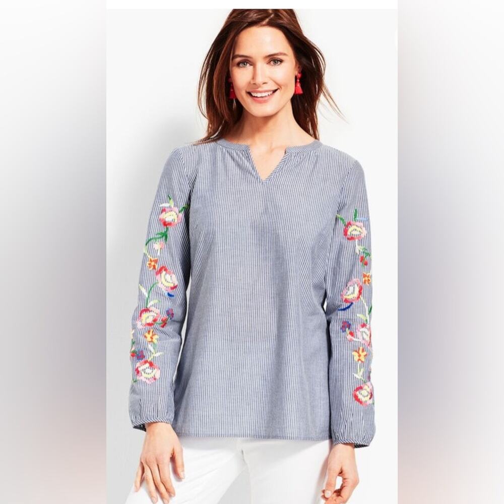 Talbots Bluish Gray Striped Floral Embroidered Boho Cotton Popover Shirt Small